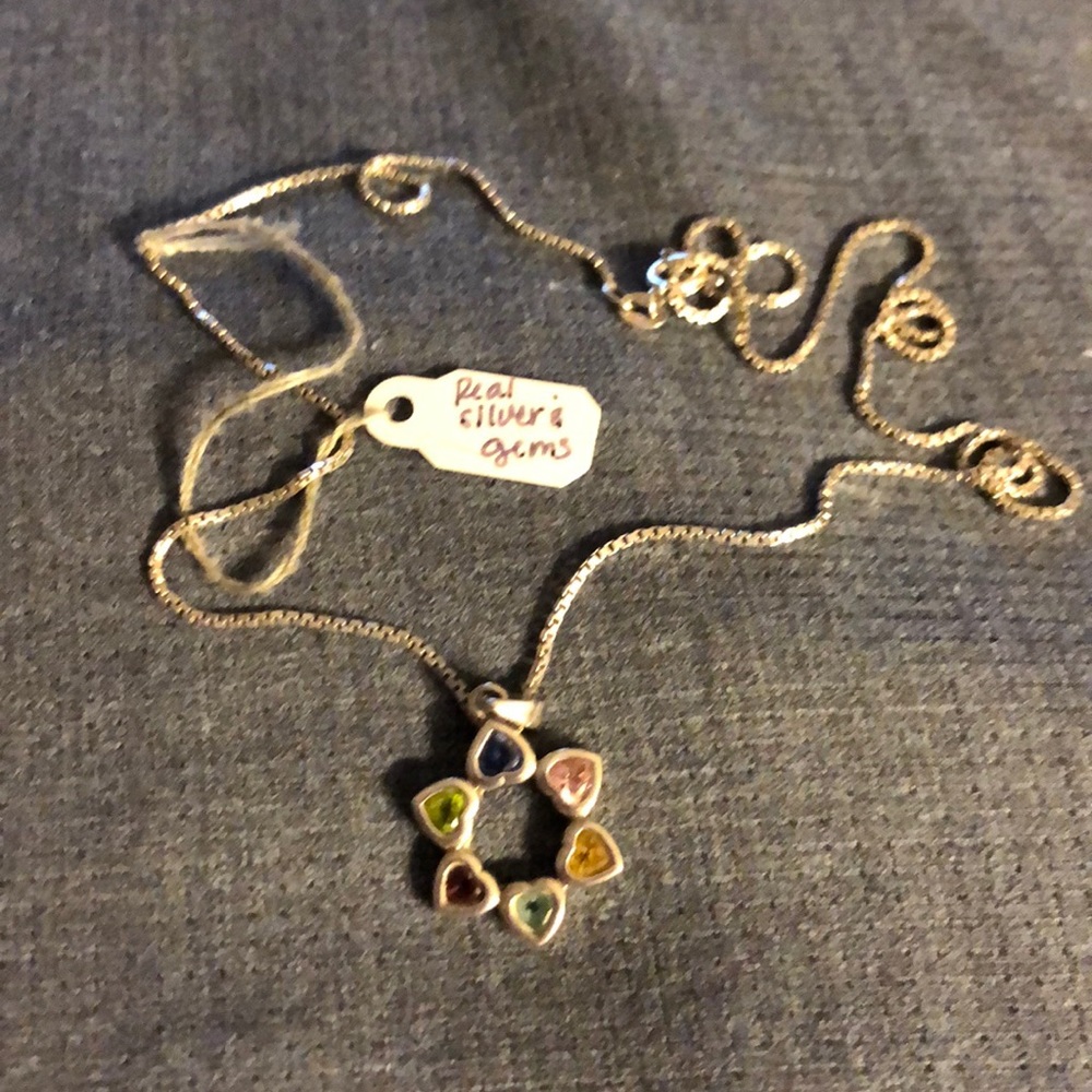 Real gems and silver star made of hearts necklace